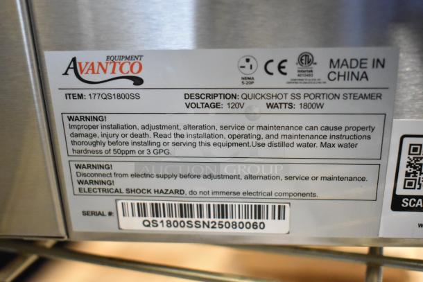 BRAND NEW Avantco 177QS1800SS stainless steel commercial tortilla steamer, 120V, 1800W. Includes safety warnings. Made in China.