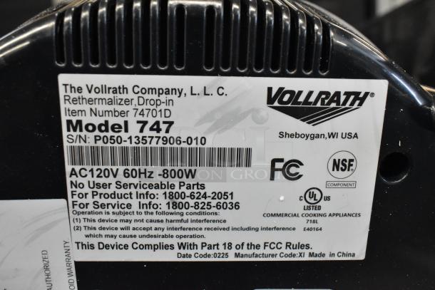 Vollrath Model 747 label, showing item number 74701D and specifications for 120V, 60Hz, 800W induction rethermalizer.