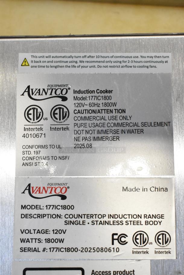 Avantco 177IC1800 stainless steel induction cooker, 120V, 1800W. Commercial use, minor scratches. Made in China, ETL listed.