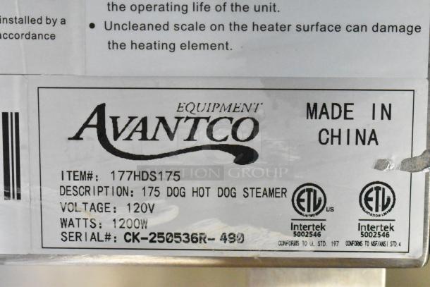 Avantco 177HDS175 hot dog steamer label. Details: 175 dogs, 120V, 1200W, made in China. Serial: CK-250536R-490.