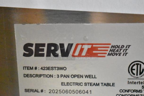 Alt text: ServIt 423EST3WO label showing item details: three pan open well electric steam table, serial # 2025060506041.