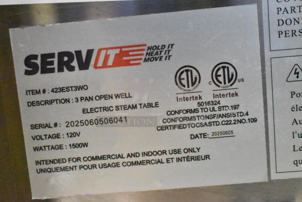 BRAND NEW ServIt 423EST3WO steel three-pan steam table with dent, adjustable shelf, 120V, 1500W, commercial use.