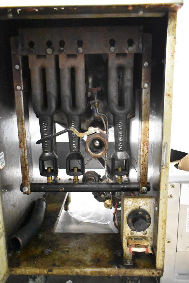 Royal RFT-50 stainless steel commercial 2-bay deep fat fryer, propane gas powered, showing interior components and temperature dial.