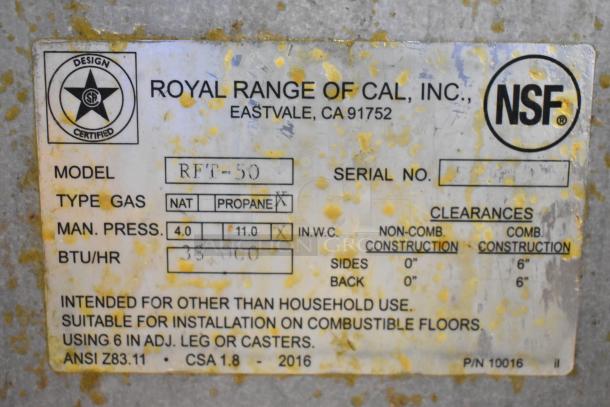 Royal RFT-50 Deep Fat Fryer label, stainless steel, propane gas, 2 bays, BTU/hr 35,000. Design certified, NSF listed.