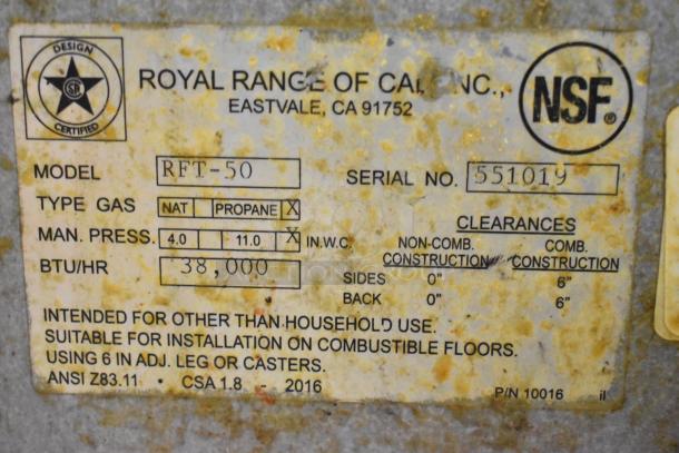 Royal RFT-50 stainless steel propane fryer label, showing 38,000 BTU/hr, model RFT-50, serial number 551019, NSF certified.