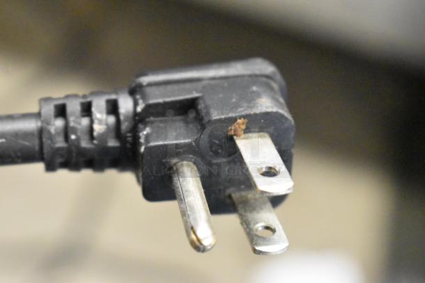 Close-up of a power plug for the 2018 Atosa MPF8202GR stainless steel pizza prep table, 115V, 1 phase.