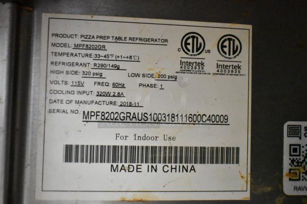 2018 Atosa MPF8202GR stainless steel pizza prep table, 115V, 1 phase, on casters. Includes label with specs and serial number.