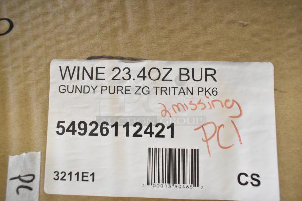 Label on box indicating Zwiesel Glas Pure 23.4 oz. Burgundy Wine Glass, note says "2 missing" in red ink.