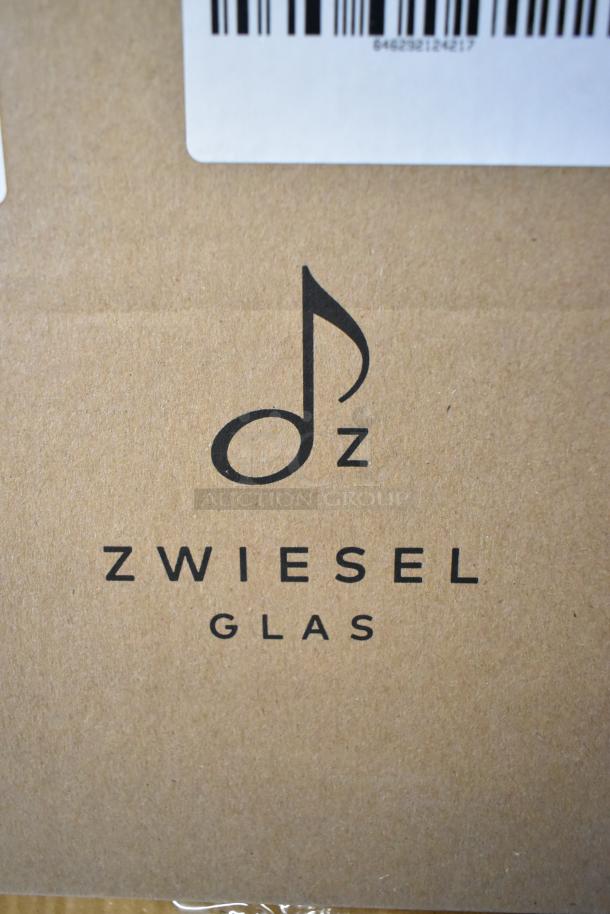 Cardboard box with Zwiesel Glas logo, indicating brand new 23.7 oz. Burgundy wine glass by Fortessa.