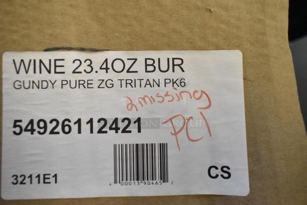 Label on a box for Zwiesel Glas Pure 23.4 oz Burg Wine Glass set, notes "2 missing," SKU 54926112421, barcode visible.