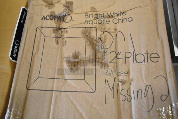 Acopa Bright White Square China box with "Missing 2" marked, slightly stained. Includes label "Alchemy."