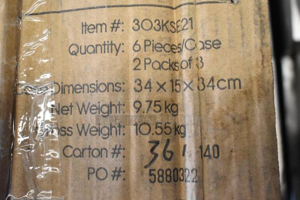 Close-up of cardboard packaging with item number 303KSE21. It shows case dimensions 34x15x34 cm, net weight 9.75 kg, and gross weight 10.55 kg. Quantity: 6 pieces/case, 2 packs of 3. Carton #36/140, PO #5880322.