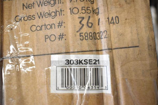 Shipping box label with 303KSE21 barcode, carton #36, weight 10.55 kg, linked to Zwiesel Glas Pure wine glasses.