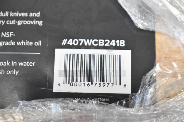 Barcode and label showing "407WCB2418" and "Made in Vietnam," part of a wood cutting board packaging.