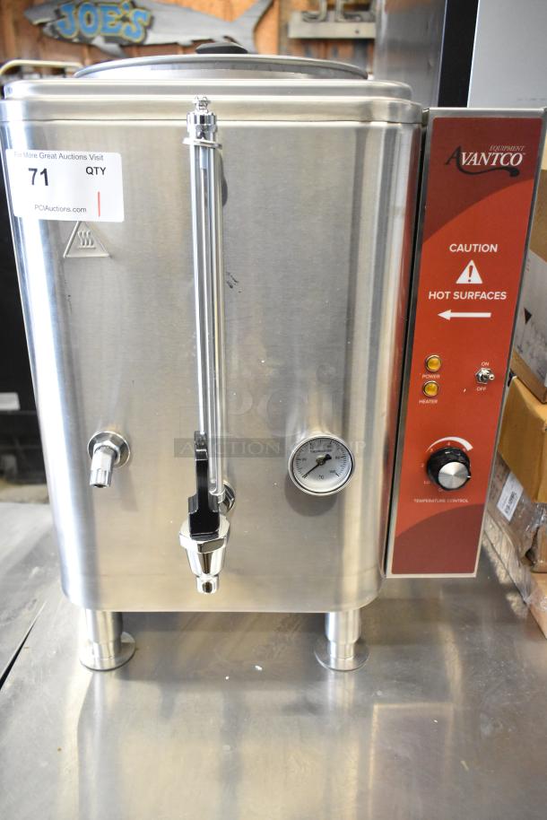 Brand new Avantco 177HWD10D stainless steel 10-gallon bulk hot water dispenser. Features power, heater indicators, and temperature control.