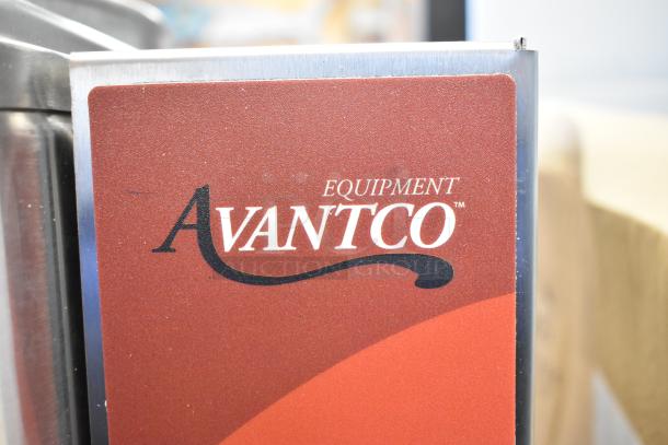 Stainless steel Avantco 177HWD10D 10-gallon hot water dispenser with brand logo visible. 208/240 volts, 1 phase, new with scratches.