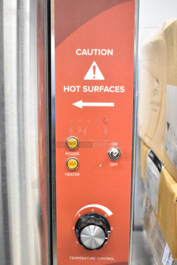 Avantco 177HWD10D stainless steel hot water dispenser, 10-gallon, new, caution indicator, power and heater lights, on/off switch, temperature control dial.