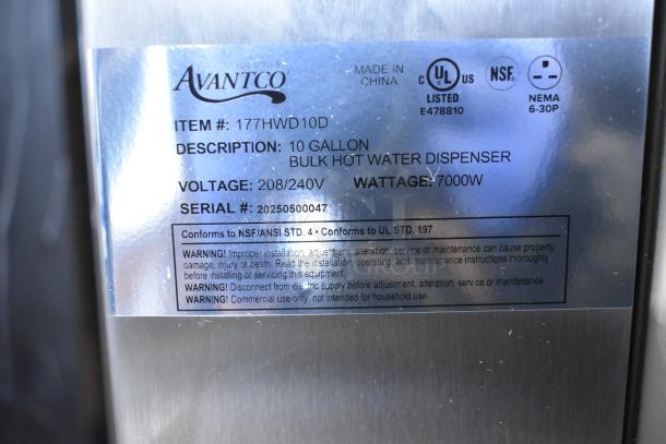 Brand new Avantco 177HWD10D 10-gallon stainless steel hot water dispenser. 208/240V, 1 phase, 7000W. Scratch and dent condition.