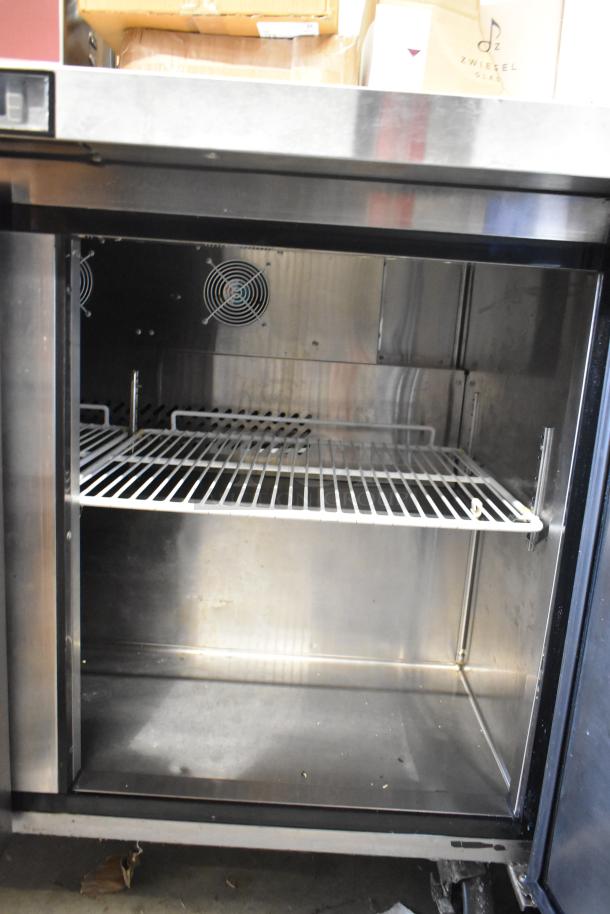 2018 Atosa MGF8402GR stainless steel undercounter cooler, two-door, on casters, 115V, used, interior shelves visible.