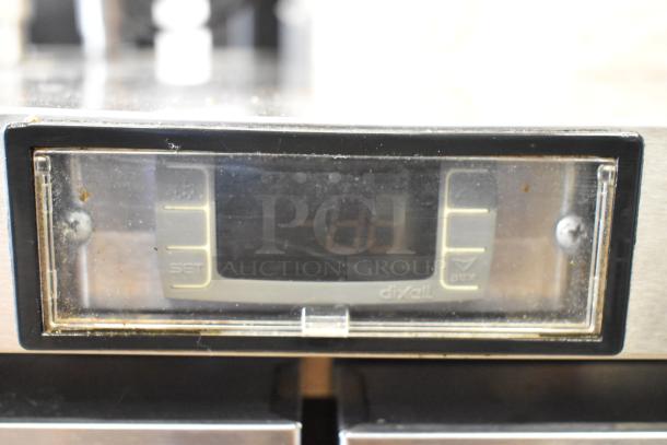 2018 Atosa MGF8402GR stainless steel 2-door undercounter cooler, digital display showing temperature, on commercial casters.