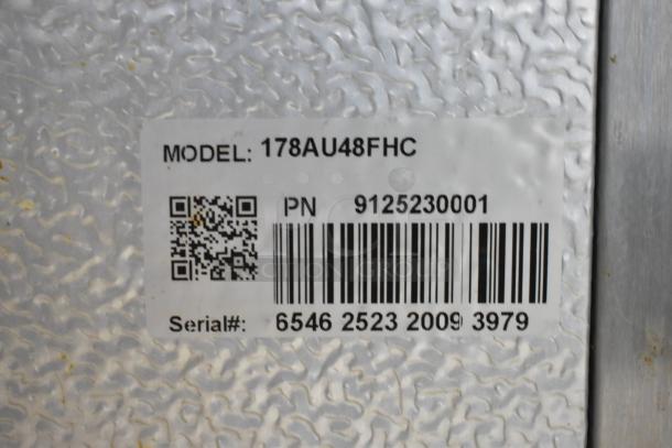 Label on Atosa 178AU48FHC commercial freezer showing model number, barcode, and serial number details.