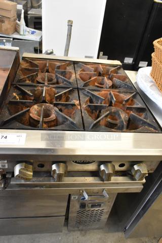 Royal RHP-24-4 stainless steel 4-burner propane gas range, 30,000 BTU, used condition with visible wear, control knobs labeled.