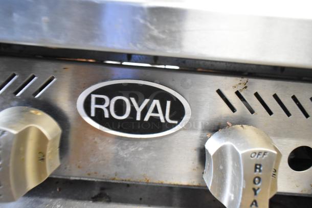 Royal RHP-24-4 stainless steel commercial 4-burner range, propane gas, 30,000 BTU, showing branding and control knobs.