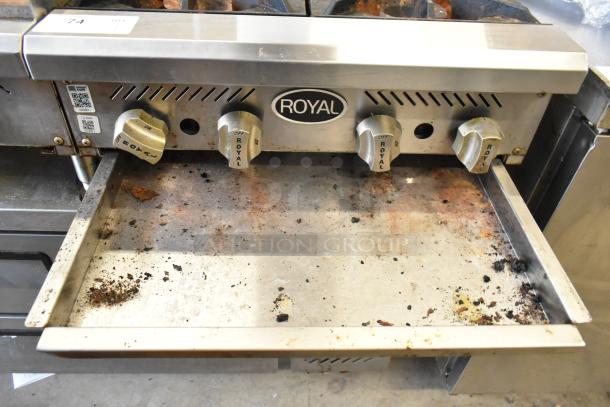 Royal RHP-24-4 stainless steel 4-burner range, 30,000 BTU, propane gas, commercial countertop; signs of wear.
