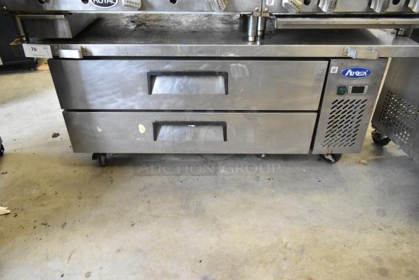2019 Atosa MGF8452GR stainless steel 2-drawer chef base with commercial casters, showing minor wear on surface.
