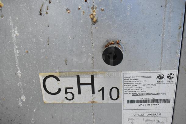 2019 Atosa MGF8452GR stainless steel chef base, 2 drawers, commercial casters, 115V, labels show model and specs.