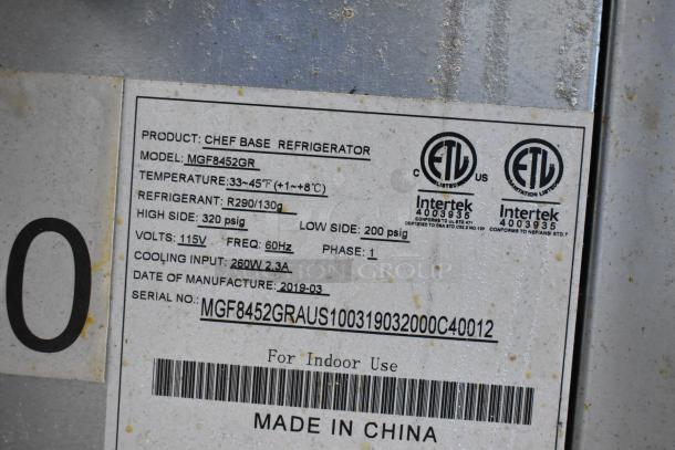 2019 Atosa MGF8452GR Stainless Steel 2 Drawer Chef Base; label shows 115V, 1 Phase, ETL certified, made in China.