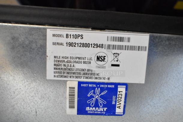 2019 Ice-O-Matic B110PS stainless steel reinforced ice storage bin, 854 lb capacity. Model and serial numbers visible.