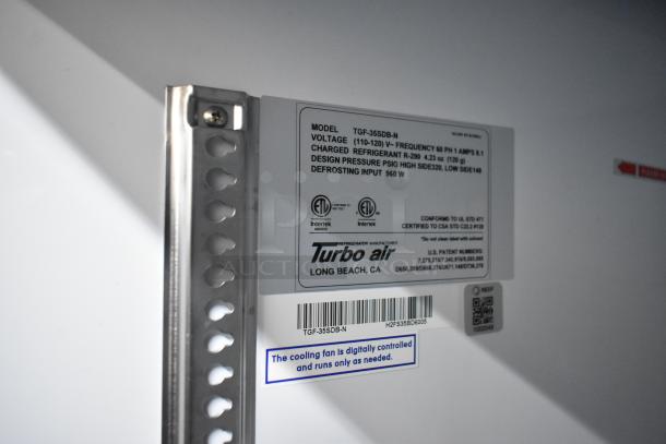 Turbo Air TGF-35SDB-N freezer label detailing model, voltage, refrigerant, and defrosting input. Includes CSA and UL certification symbols.