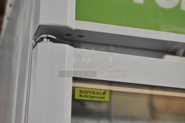 Turbo Air TGF-35SDW-N commercial freezer detail with metal frame; visible "NATURAL Refrigerant" label.