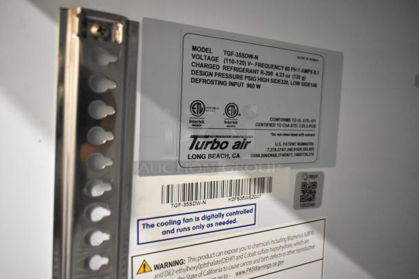 Turbo Air TGF-35SDW-N commercial freezer label; shows model, voltage (115V), phase (1), refrigerant type (R-290), and safety certifications.