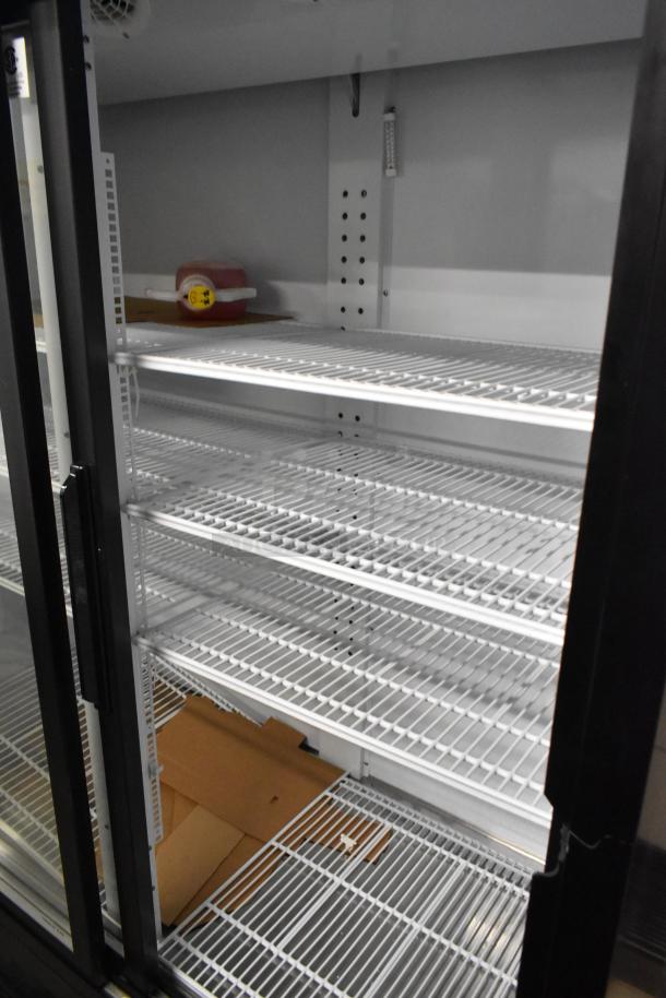 Turbo Air TGM-48RB-N commercial reach-in cooler with two glass doors, poly-coated racks, and metal frame, 115V, 1 phase.