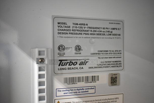 Turbo Air TGM-48RB-N label, indicating 115 volts, 1 phase, refrigerant R-290, made in Korea.