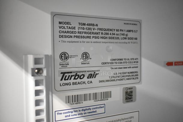Turbo Air TGM-48RB-N commercial cooler label, details model, voltage, refrigerant, and certifications.
