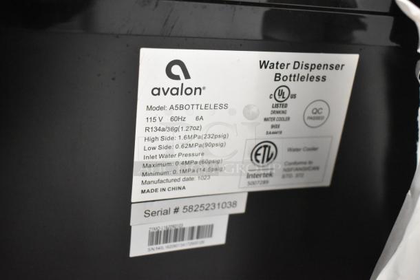 Avalon A5BOTTLELESS water cooler label, showing model, voltage, phase, R134a specs, pressure, and QC and safety certifications.