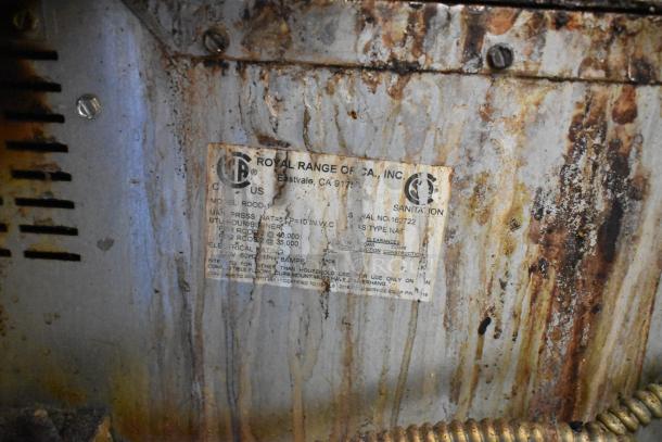 Royal RCOD-1 convection oven label, showing model number, location details, and usage specifications on a worn surface.