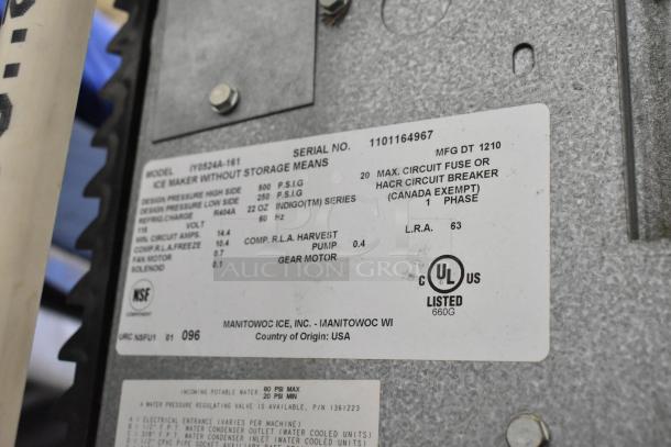 Manitowoc IY0524A-161 ice machine label with specifications, UL and NSF certifications, and serial number 1101164967.
