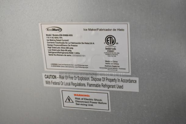 KoolMore KM-BIM66-NSS stainless steel ice maker label showing model info and safety warnings. Brand new condition.