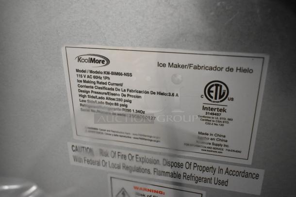 KoolMore KM-BIM66-NSS stainless steel ice maker label, 115V, 1PH, with design pressure and refrigerant details. Made in China.