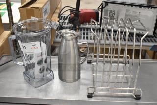 Three items: metal drying rack, stainless steel pitcher, poly blender pitcher. Auction label "3 times your bid!" visible.