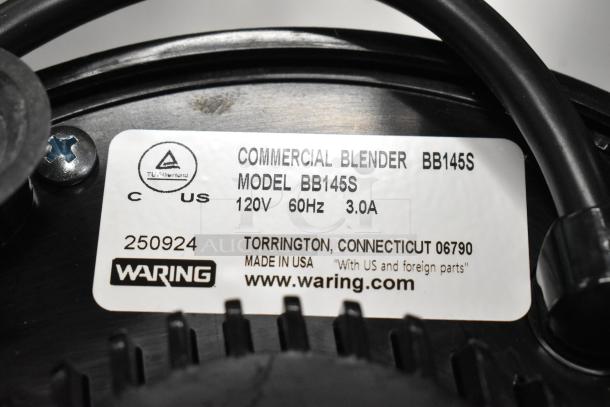 Waring BB145S BevBasix 32 oz. commercial blender label, 120V, 60Hz, 3A, made in USA, stainless steel container.