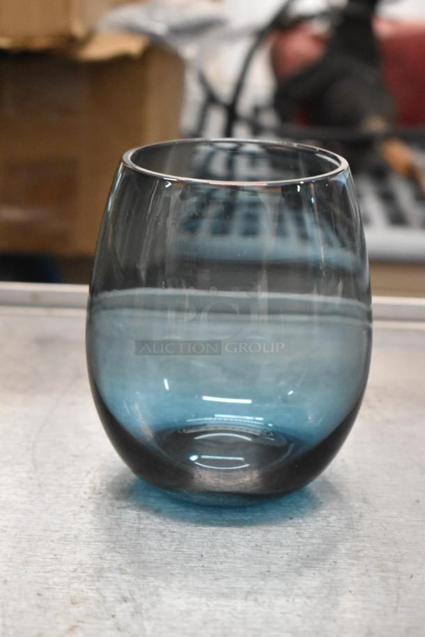 Acopa Pangea 15 oz. blue stemless wine glass, brand new, clear blue glass, 12 per case.