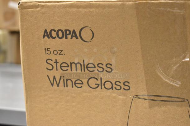 Acopa Pangea 15 oz. Blue Stemless Wine Glass box, new condition, includes 12 glasses. Packaging labeled with product details.