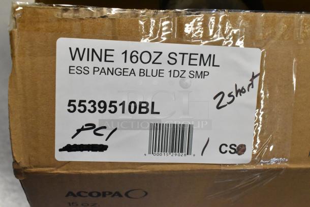 Cardboard box with label reading "WINE 16OZ STEML, ESS PANGEA BLUE 1DZ SMP, 5539510BL," indicating Acopa Pangea wine glasses.