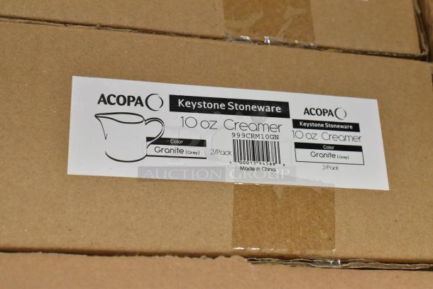 Acopa Keystone 10 oz. Granite Gray Stoneware Creamer in packaging; label shows model 999CRM10GN, 2-pack, made in China.