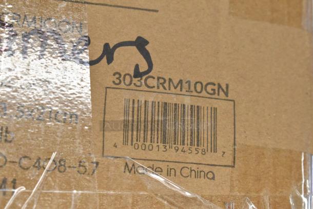 Cardboard box with "303CRM10GN" label, barcode, and "Made in China" text, indicating Acopa Keystone creamers inside.